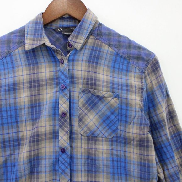 AX Armani Exchange Flannel Shirt Womens Blue Plaid Button Down Collared XS - Picture 2 of 10
